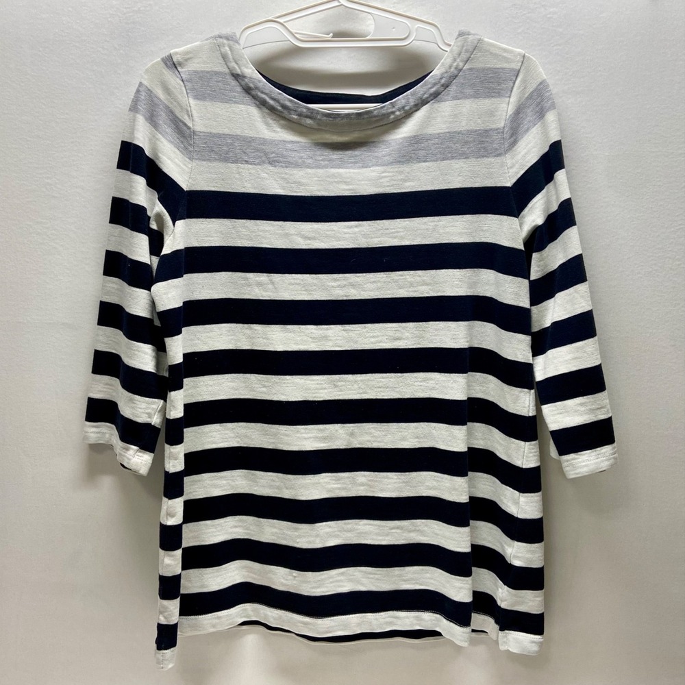 Croft & Barrow Shirt Womens Large White Black Stripe 3/4 Sleeve Cotton Blend GUC